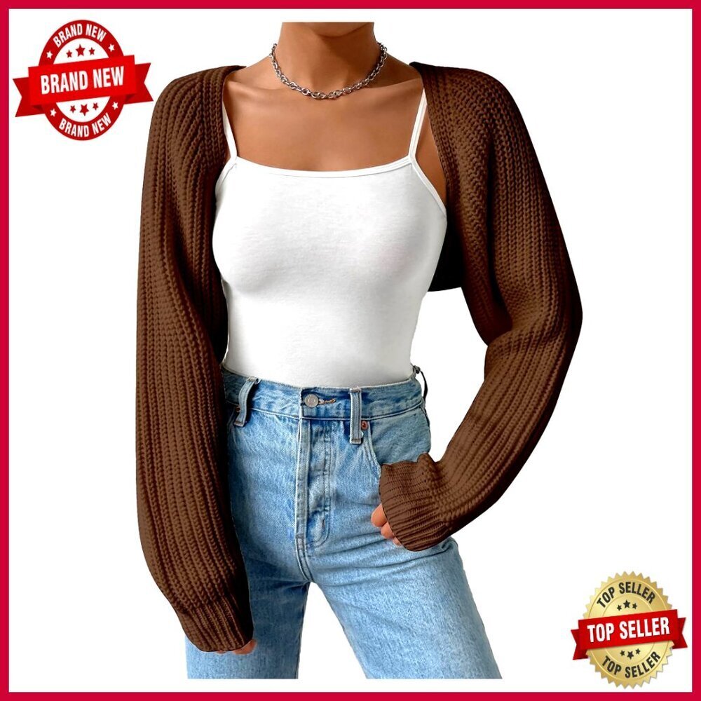 Short Open Front Cardigan Sweater Long Sleeve Knit Shrug Regular Fit